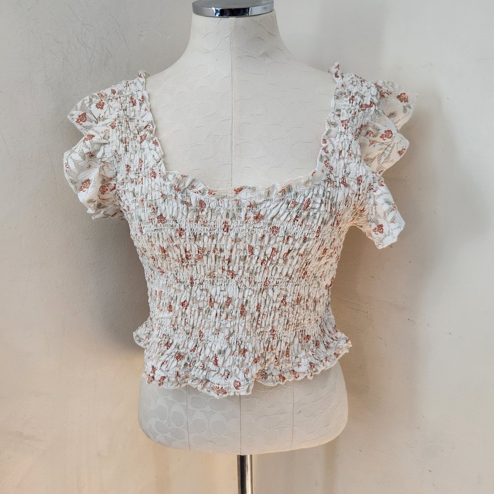 Thirty Thirty LA Floral Smocked Ruffle Flutter Sleeve Top XL White Square Neck